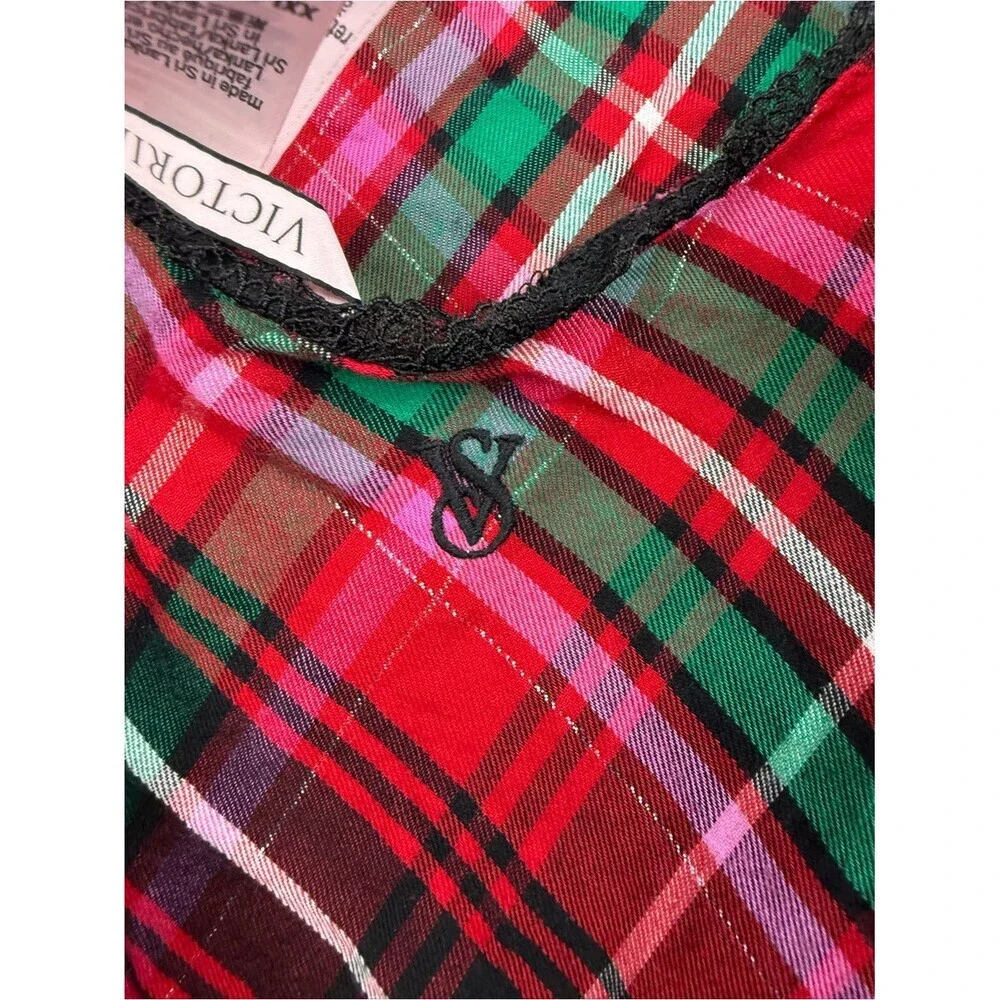 Victoria's Secret dress Red Plaid Satin Chemise with Green & Black Accents